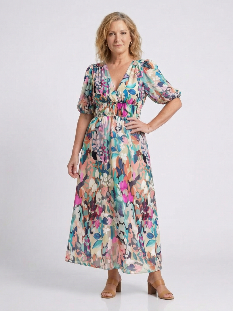 Eulalie | V Neck Short Sleeve Gathered Waist Midi Dress