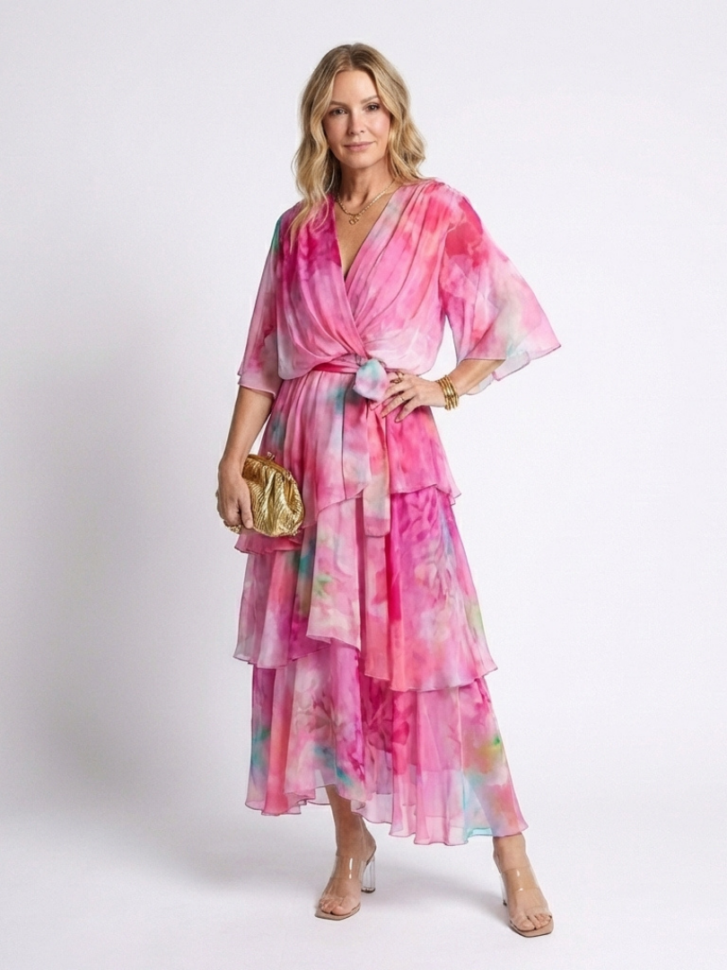 Calista | Sheer Layered V Neck Tie Waist Maxi Dress